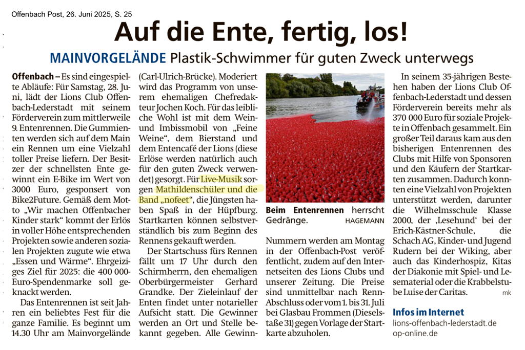 Presseankuendigung Lions-Entenrennen 2025, Offenbach-Post 26. Juni 2025